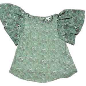 Lucky Brand Top S Green Floral Butterfly Sleeve Open Back Bohochic Cottagecore